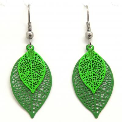 Bouclesd oreilles pendantes feuille estampe vert et vert pomme