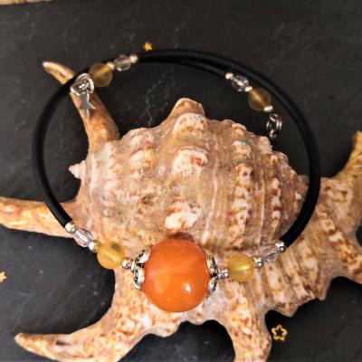 Bracelet fil memoire perle pate polymere encre orange breloque etoile 3 