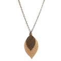 Collier chaine acier inoxydable estampe double feuille beige et marron