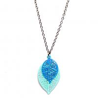 Collier chaine acier inoxydable estampe double feuille bleu ciel et bleu 2