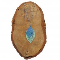 Collier chaine acier inoxydable estampe double feuille bleu ciel et bleu 6