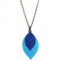 Collier chaine acier inoxydable estampe double feuille bleu turquoise et bleu marine