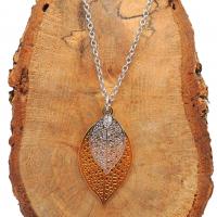 Collier chaine acier inoxydable estampe double feuille dore et argente 1
