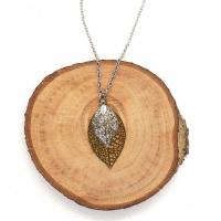 Collier chaine acier inoxydable estampe double feuille dore et argente 3