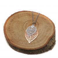 Collier chaine acier inoxydable estampe double feuille dore rose et blanc 3