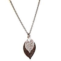 Collier chaine acier inoxydable estampe double feuille dore rose et blanc