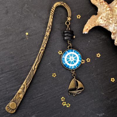 Marque page bateau cabochon en verre ancre bleu 1 