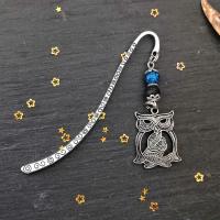 Marque page hibou perle en verre bleue perleen lave noire 1 