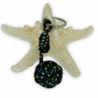 Porte cles pomme de touline noir a points bleu et jaune 11 
